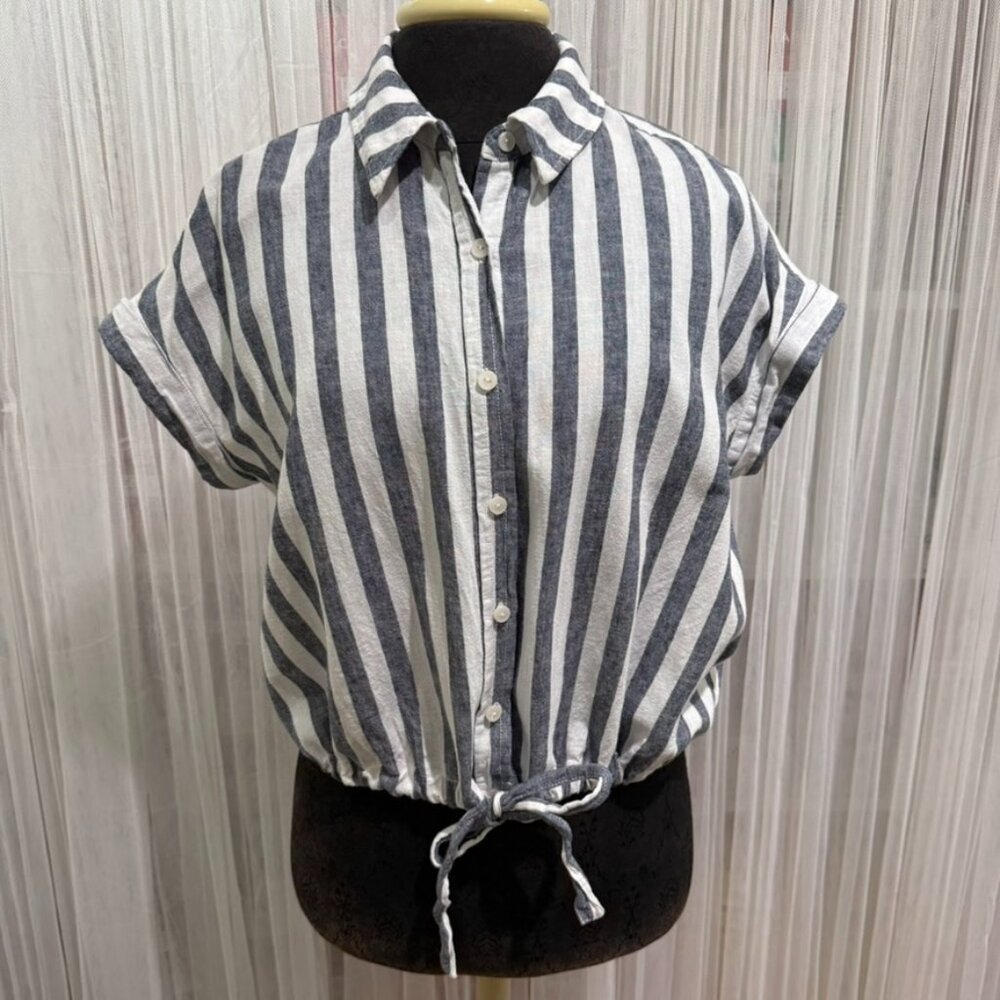 Sanctuary Women’s Small Striped Linen Blend Button Front Shirt Tie Hem Beachy
